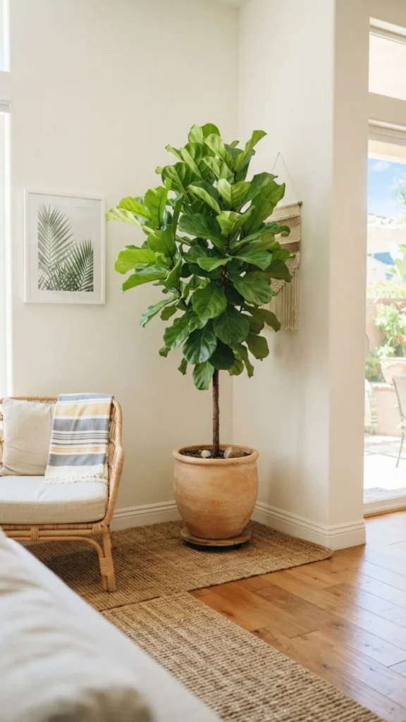 Tall green potted plant bringing natural freshness to an empty corner.