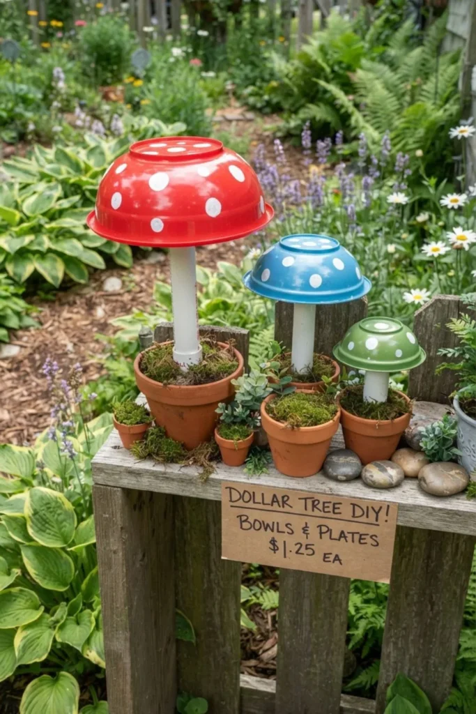 Whimsical mushroom garden decorations made from painted Dollar Tree plastic bowls.