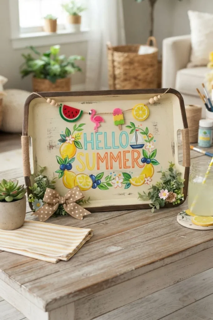 DIY painted plastic tray turned into a bright summer serving sign with seasonal lettering.