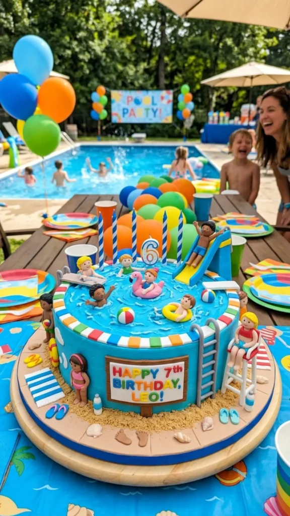 Colorful pool-themed cake for summer parties