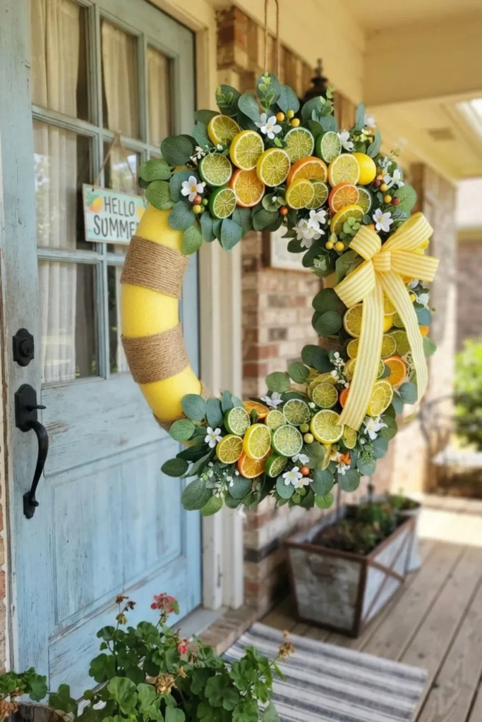 Colorful DIY citrus wreath made with a pool noodle, faux lemons, oranges, and greenery.