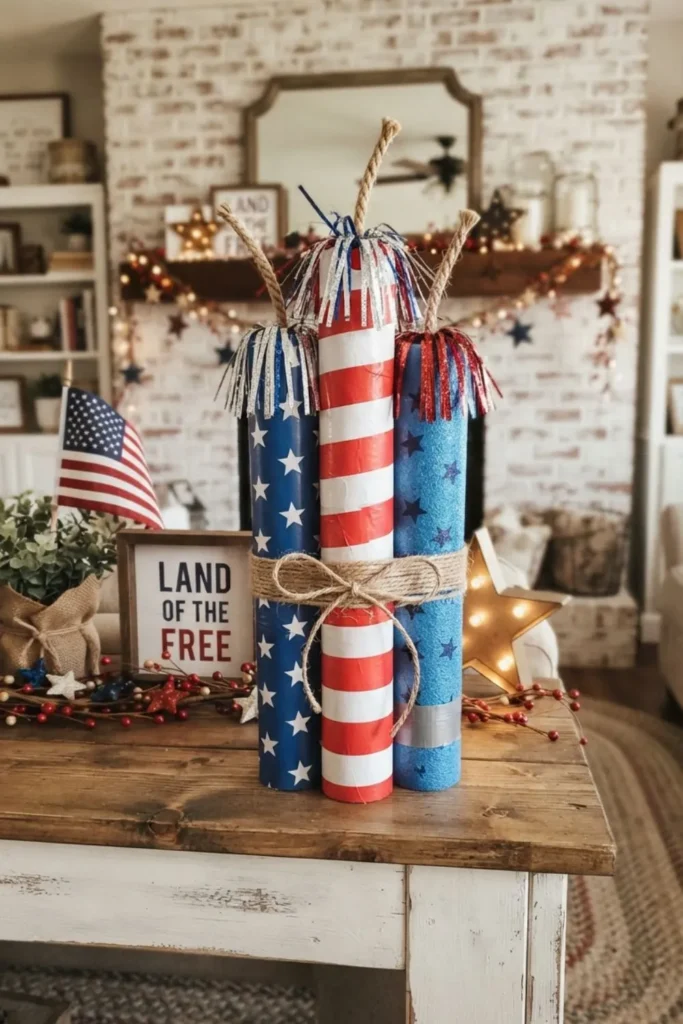 Patriotic firecracker decorations made from pool noodles in red, white, and blue.