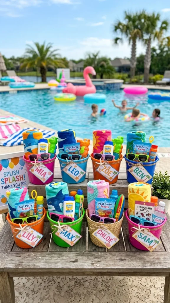 Cute favor baskets for kids’ pool party