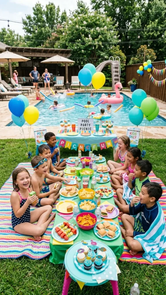 Fun poolside picnic setup for kids