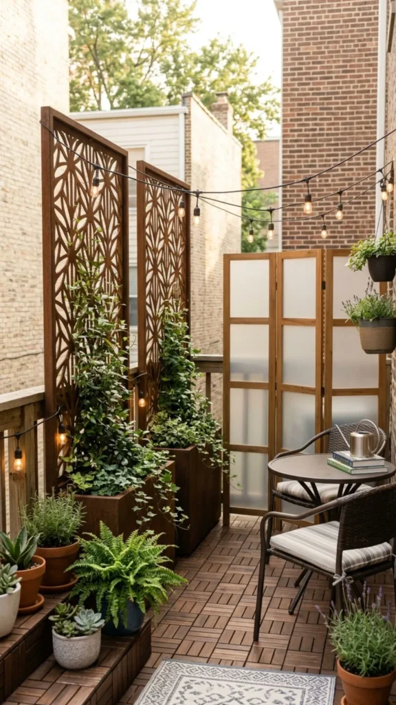 Stylish privacy screens creating secluded cozy deck spaces