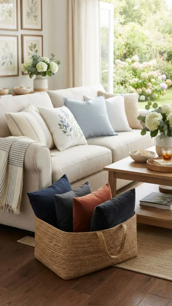 Light-colored throw pillows adding a fresh summer touch to the living room.