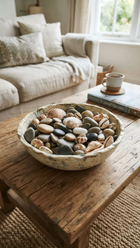 Coastal shells and smooth stones arranged in a decorative coffee table bowl.