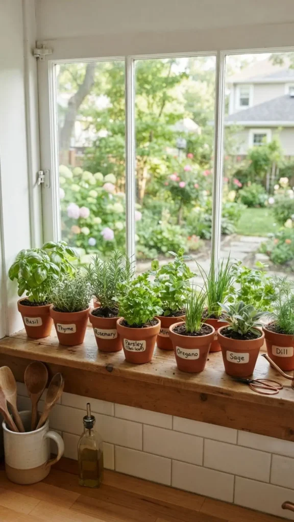 Small potted herb garden bringing fresh greenery to a sunny kitchen window.