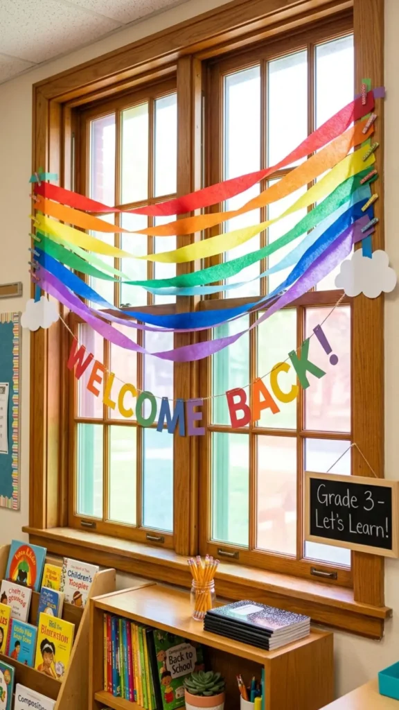 Rainbow window draping for colorful classroom decor