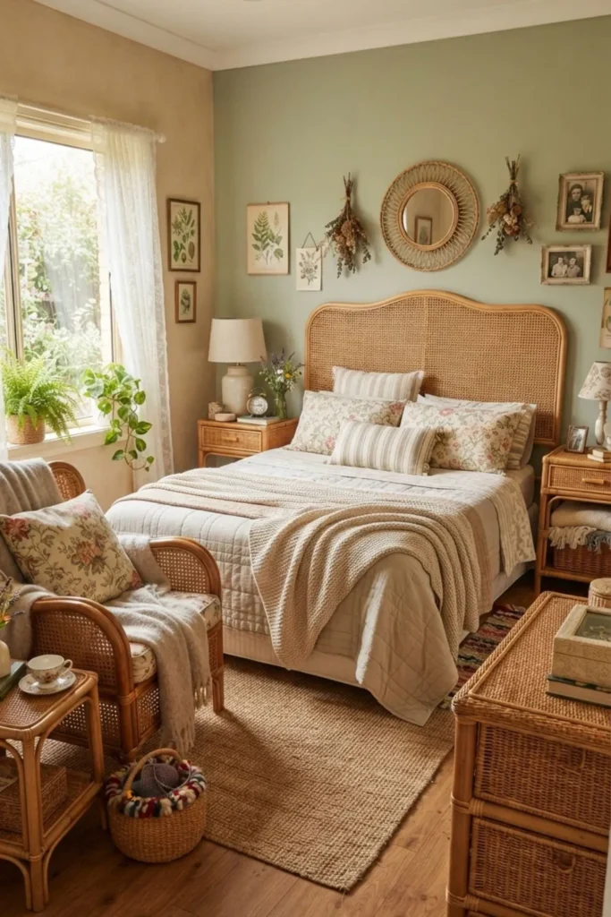 Coastal bedroom featuring rattan and wicker accents with natural textures.