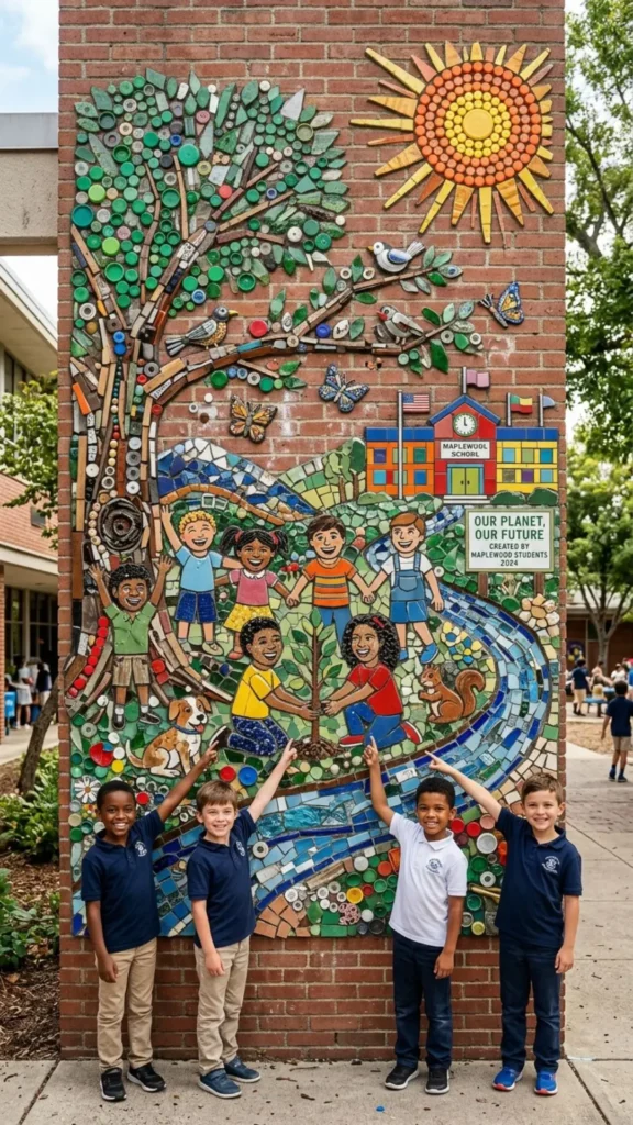 Eco-friendly recycled material mosaic turning creative ideas into school art.
