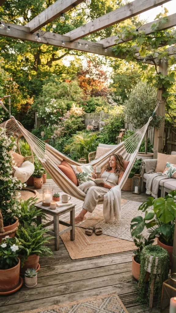 Comfortable hammock creating a peaceful backyard retreat on a summer deck.