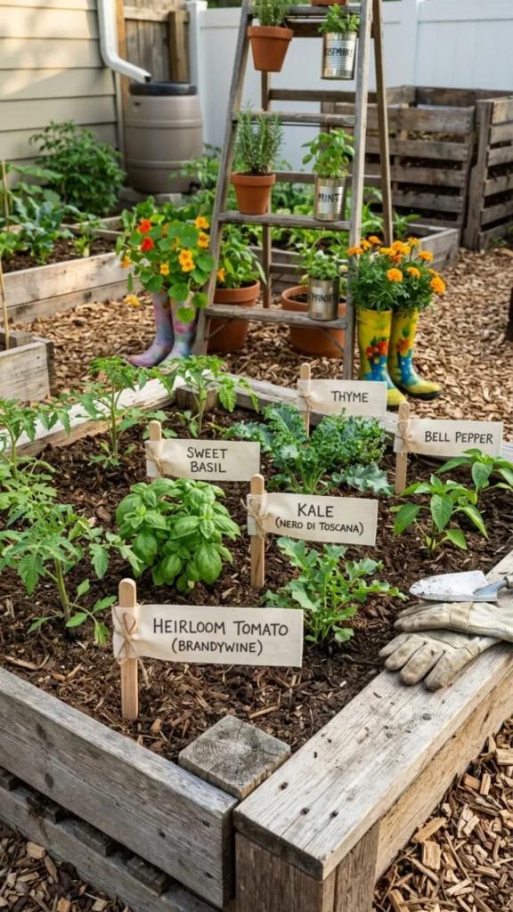 Reusable fabric plant labels made from scraps for a sustainable and organized garden display.