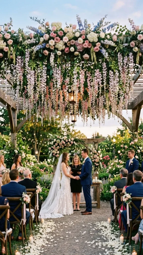 Romantic garden wedding hanging flowers