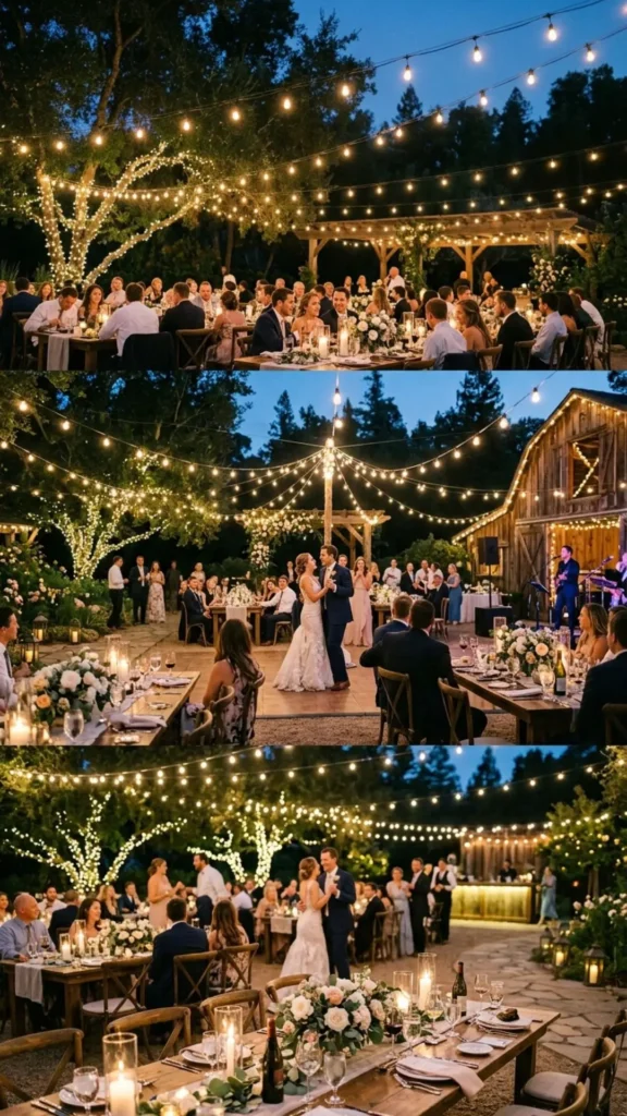 Romantic outdoor wedding reception string lights