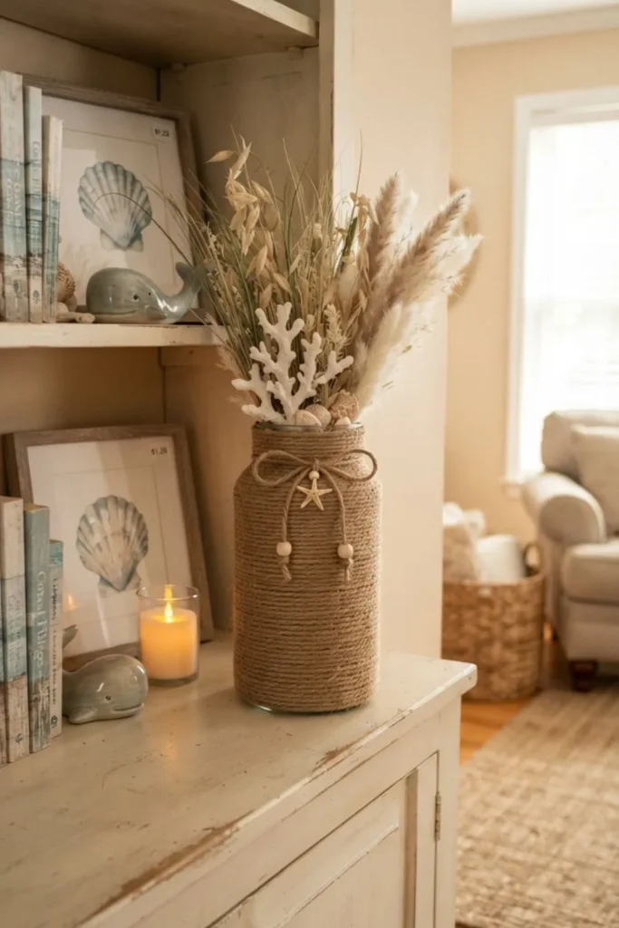 Coastal-inspired vase wrapped in rope and styled with seashells and summer greenery.