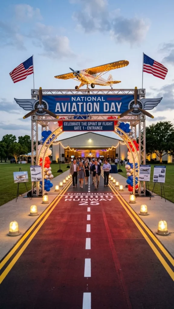 Runway entrance decorated with aviation signs and airplane details.