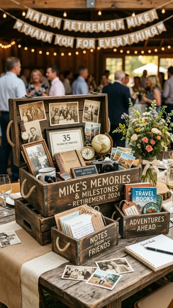 Rustic wooden crate centerpiece filled with retirement keepsakes and cherished memories.