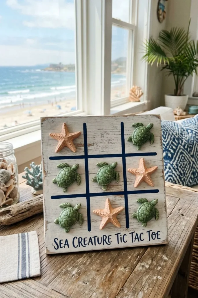 Sea creature tic-tac-toe décor on a cozy cottage coffee table.