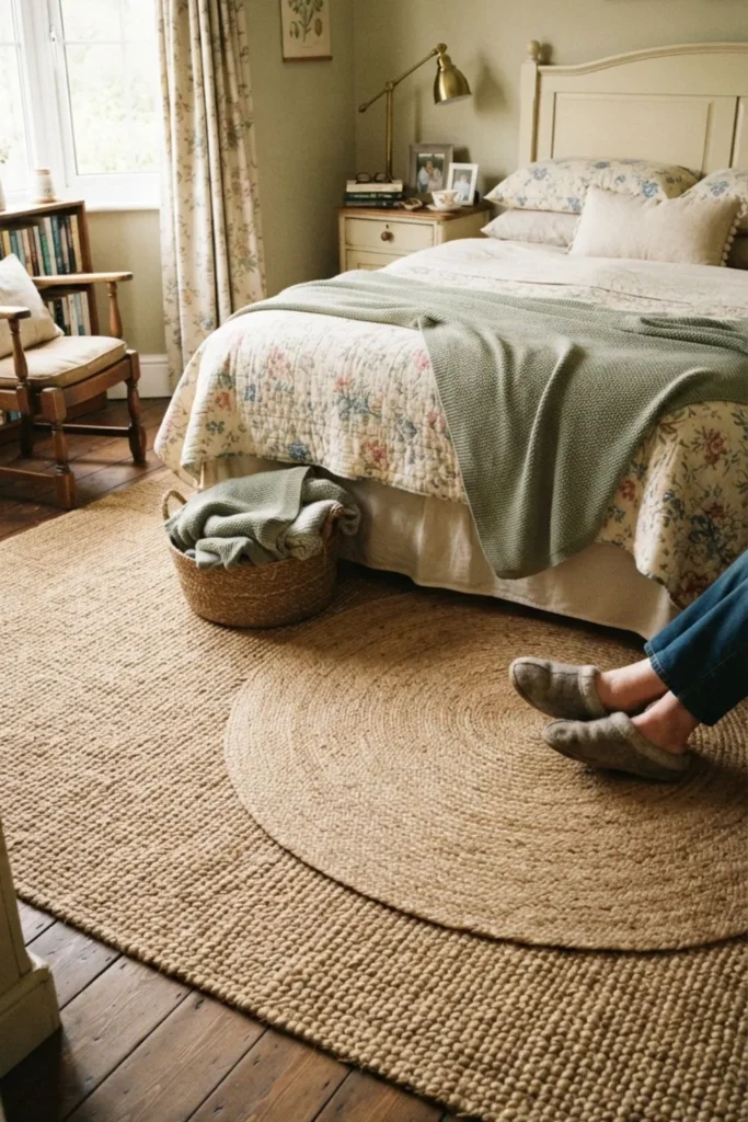 Seagrass and jute rugs adding warmth and texture to a coastal bedroom.