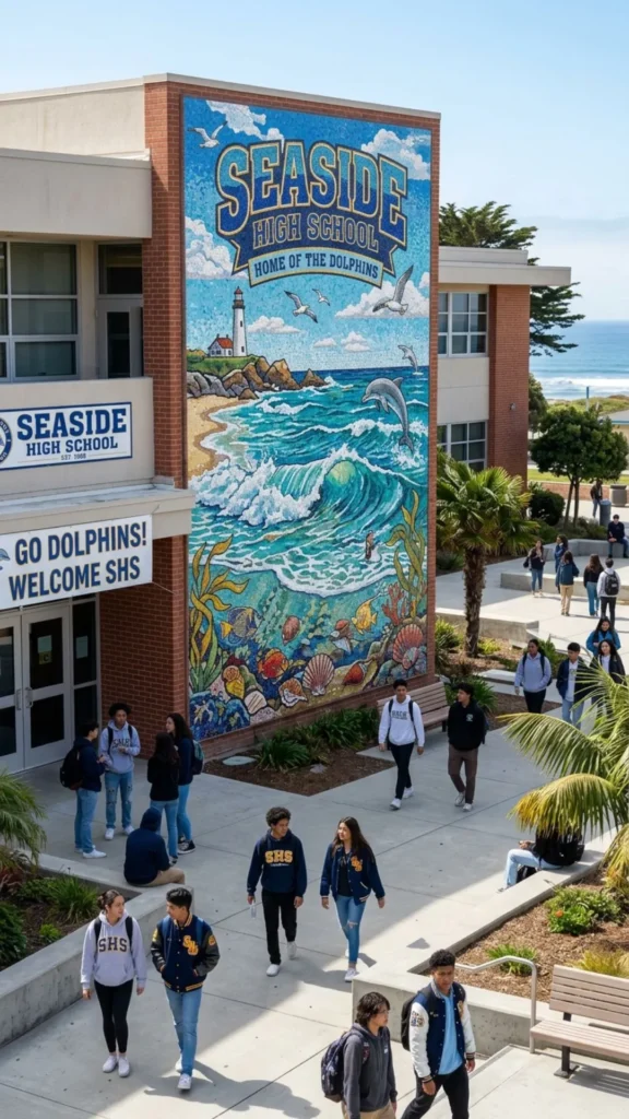 Ocean-inspired seaside mosaic creating a playful school wall display.