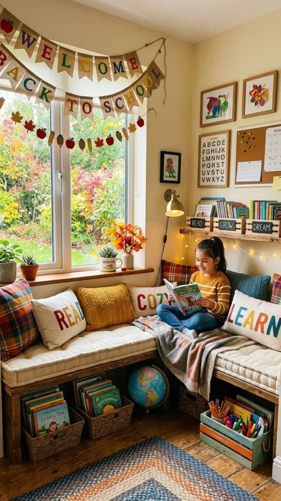 Seasonal reading nook with themed classroom decor
