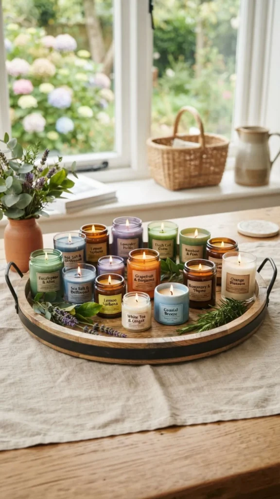 Fresh-scented candles arranged on a decorative tray for summer ambiance.