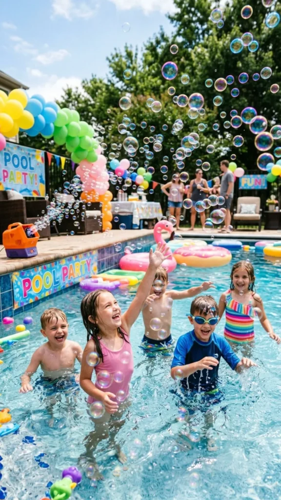 Shimmery bubbles adding fun pool party sparkle
