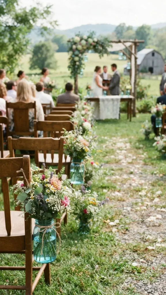 Blue-tinted mason jars with fresh wildflowers create a light and refreshing country-style centerpiece.