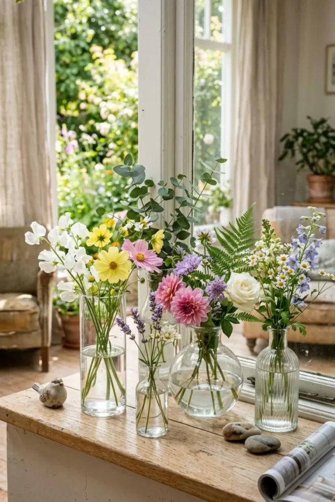 Simple glass vases filled with fresh summer wildflowers.