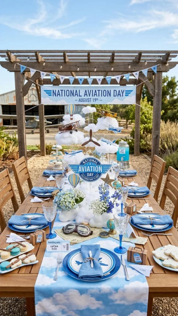 Sky-inspired tablescape with clouds, airplanes, and elegant accents.