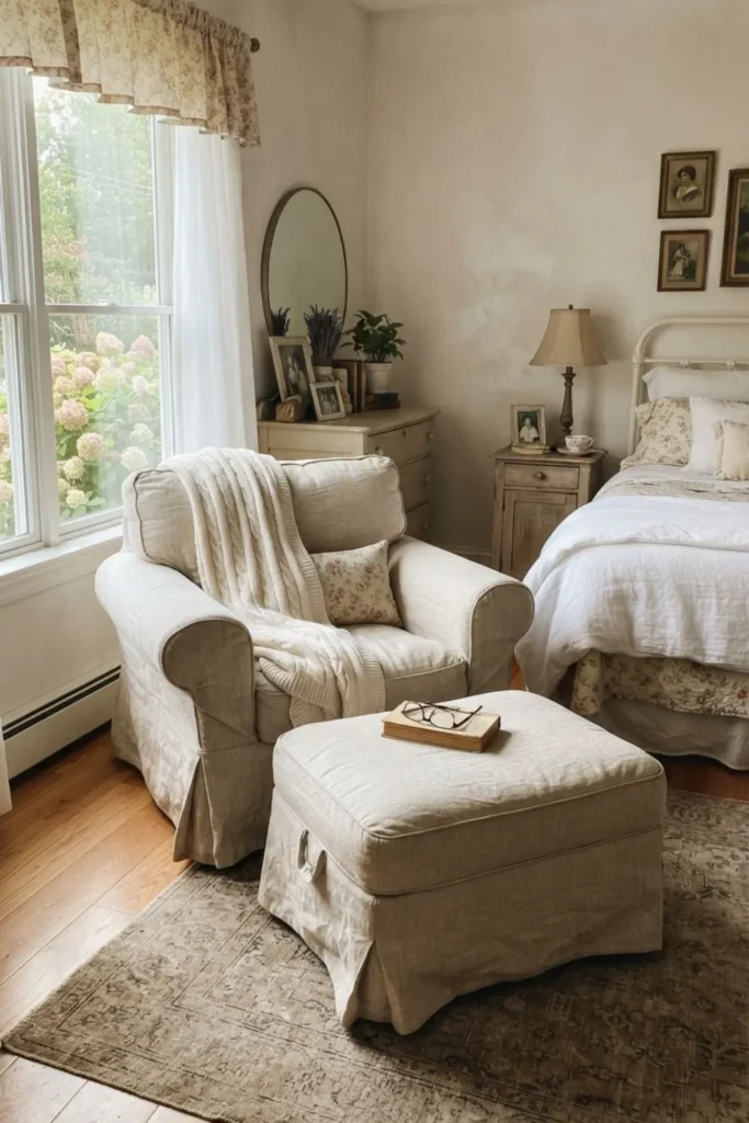 Soft linen slip-covered furniture creating a relaxed coastal grandma bedroom.