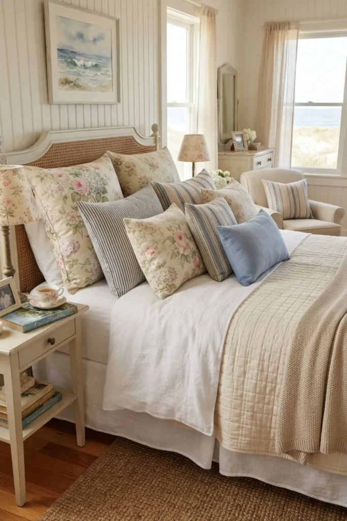 Floral throw pillows mixed with coastal stripes for a cozy bedroom style.
