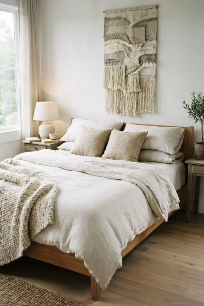 Soft white bedroom with woven linen bedding and cozy neutral coastal decor.