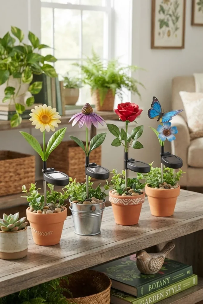 Decorative solar light flower pot stakes illuminating a colorful summer garden.