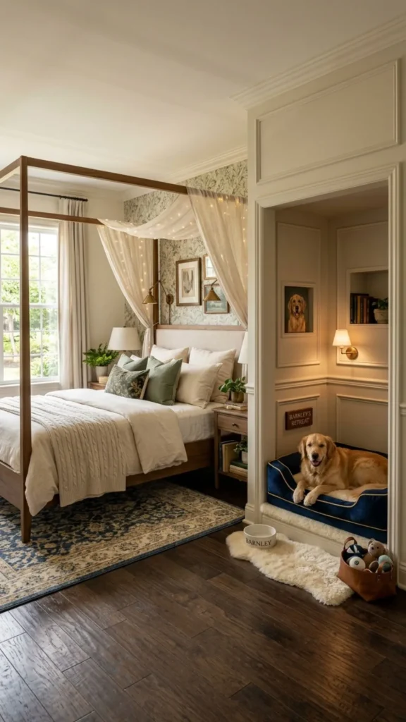 Elegant spare bedroom dog retreat with luxurious canopy bed