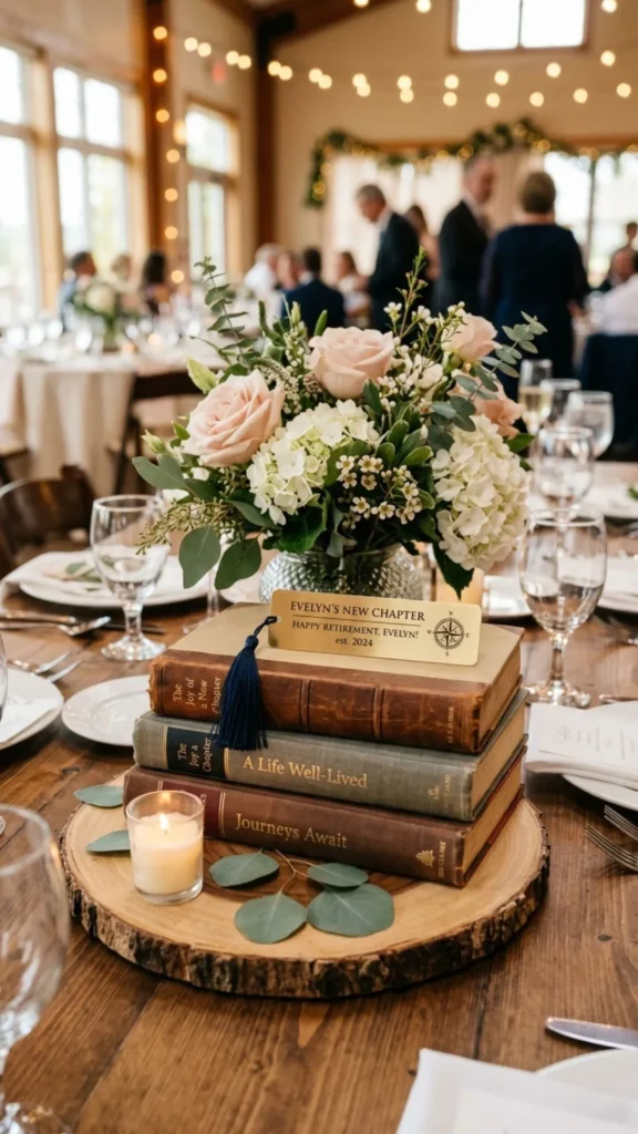 Charming retirement centerpiece with stacked books, flowers, and a custom bookmark.