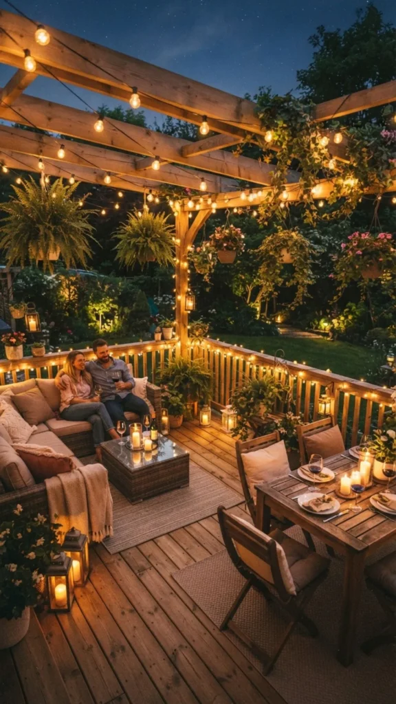Warm string lights creating a magical and inviting summer deck atmosphere.