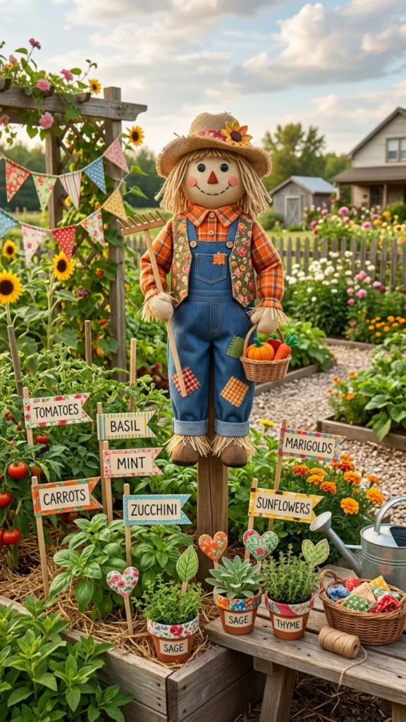Fun stuffed fabric scarecrow decor made from colorful scraps for a playful and creative garden display.