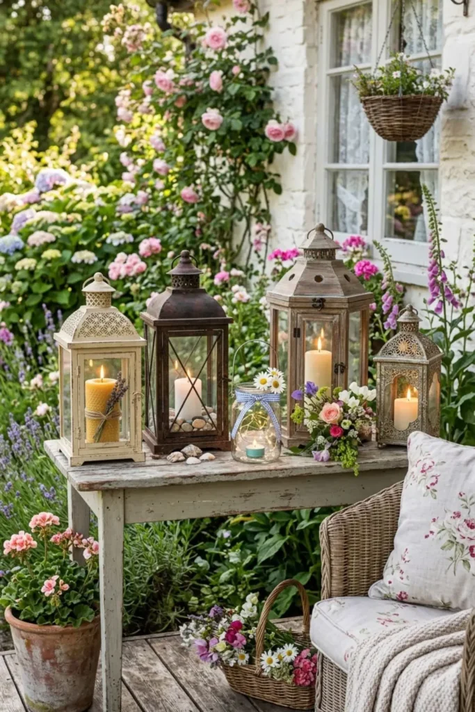 Cottage-style candle lanterns decorating a cozy summer living room.