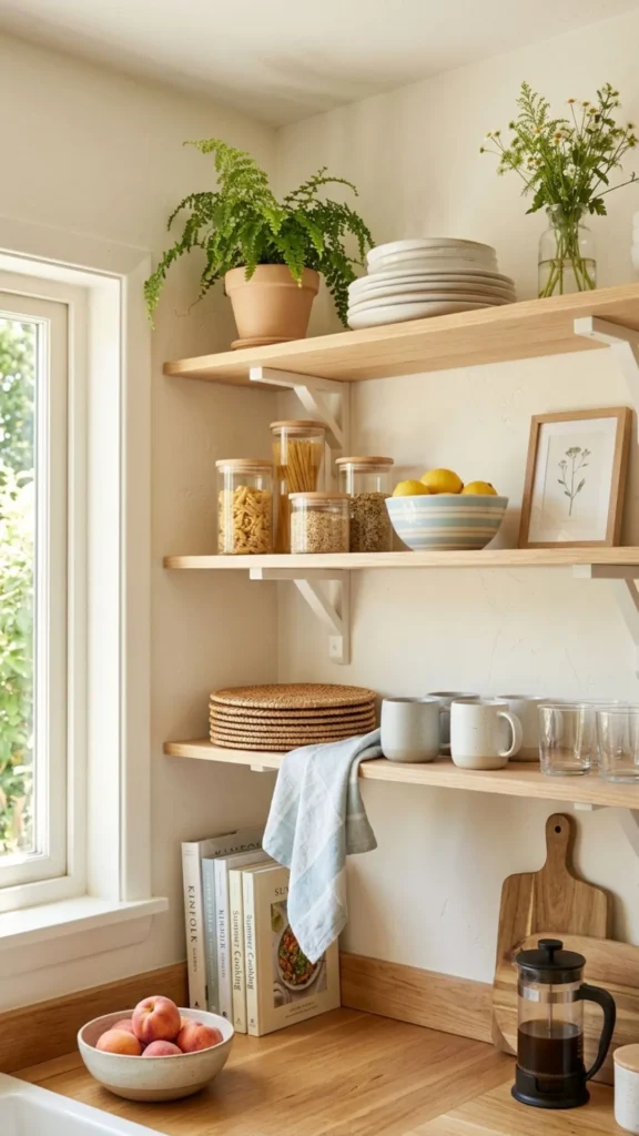 Light open shelf decor for a fresh summer interior.