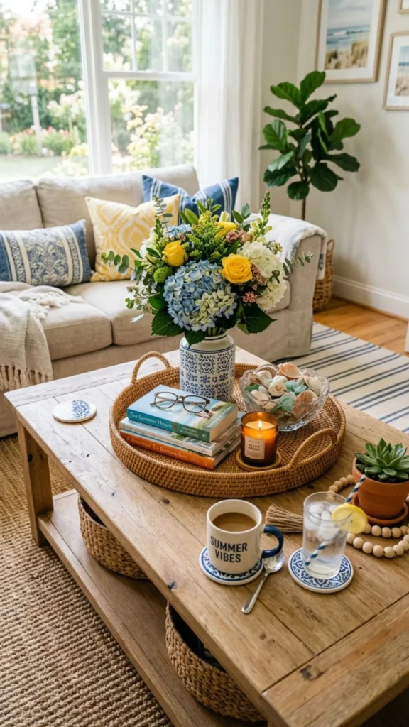 Stylish summer coffee table decor with fresh seasonal accents.