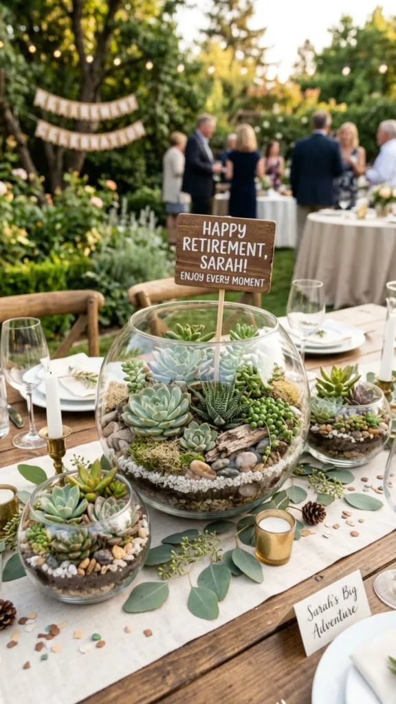 Modern glass bowl succulent centerpiece perfect for a stylish retirement celebration.