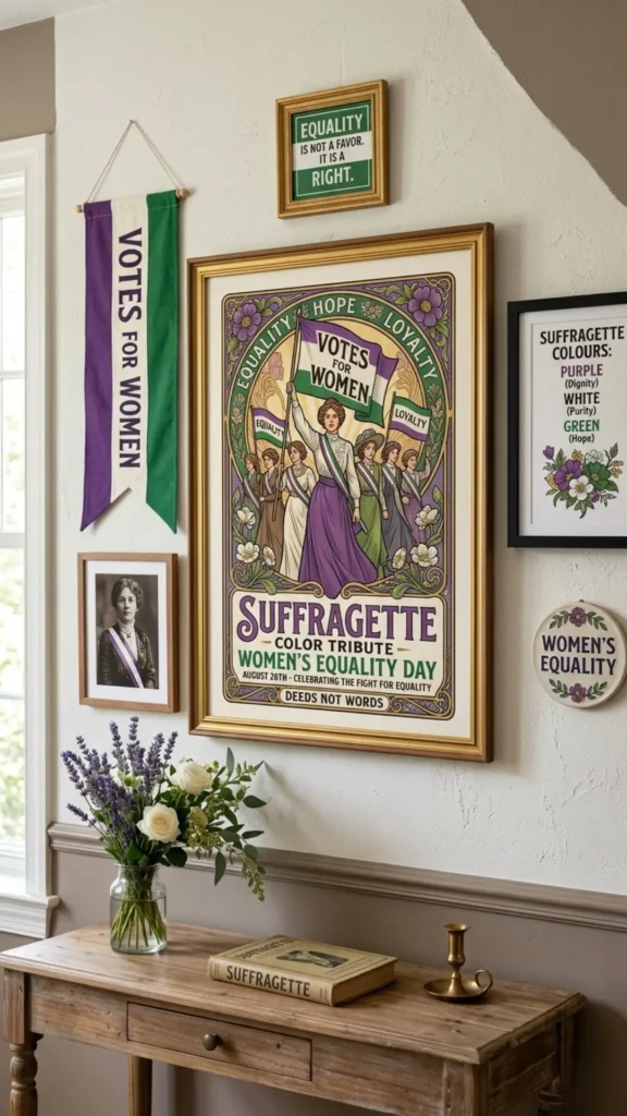 Suffragette-inspired wall honoring women’s historic fight for voting rights.