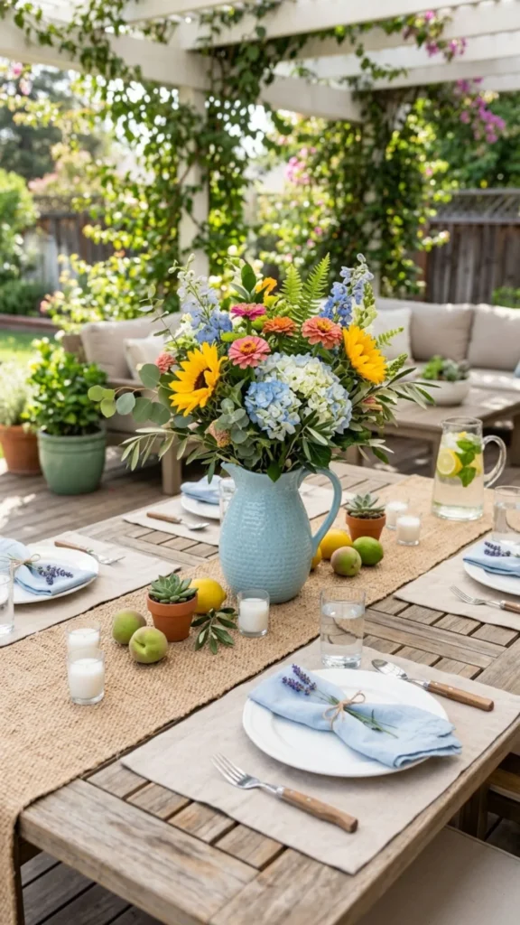 Elegant summer dining table centerpiece with seasonal decor.