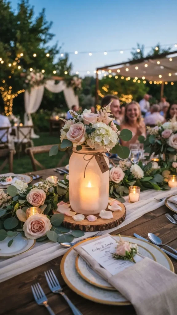 Frosted mason jar lanterns with candles bring soft summer romance to elegant wedding tables.