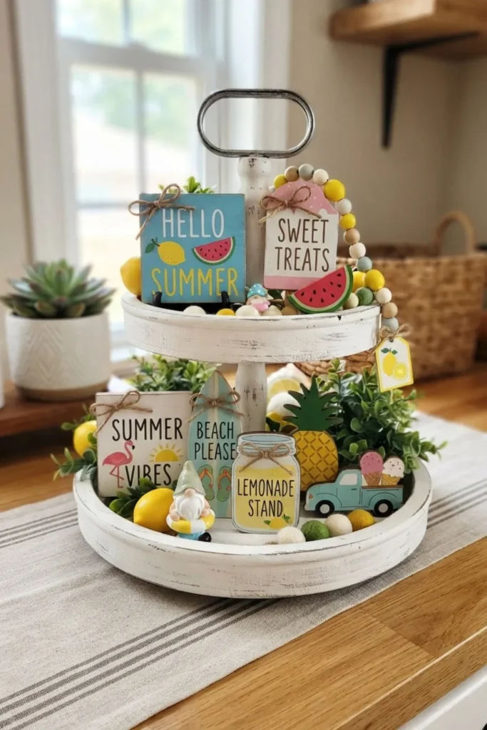 Summer tiered tray featuring mini seasonal signs, faux lemons, and farmhouse decor.