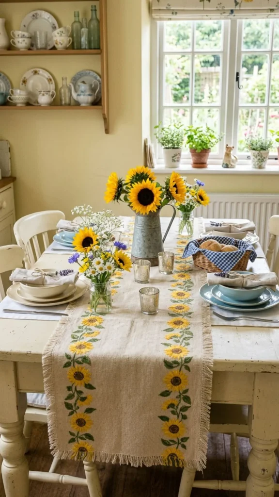 Cheerful sunflower table runner creating a bright, cozy, and charming cottage style summer tablescape.