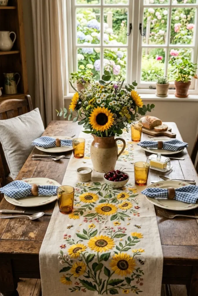 Sunflower table runner creating a bright cottage dining table.