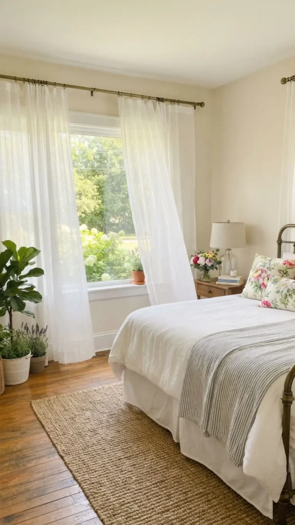 Sheer white curtains creating a bright and airy summer room.